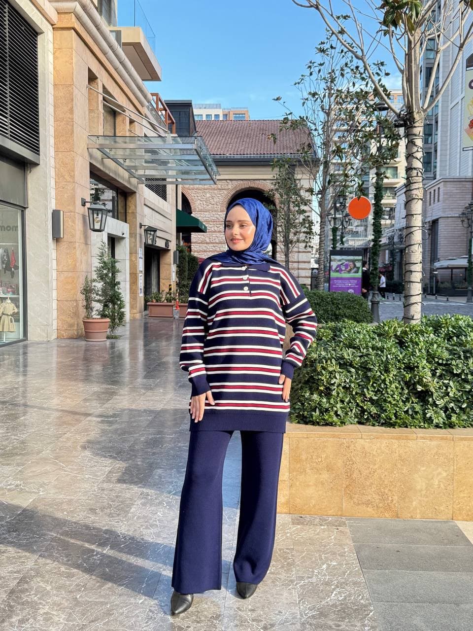 Striped polo tunic and wide leg set in navy blue