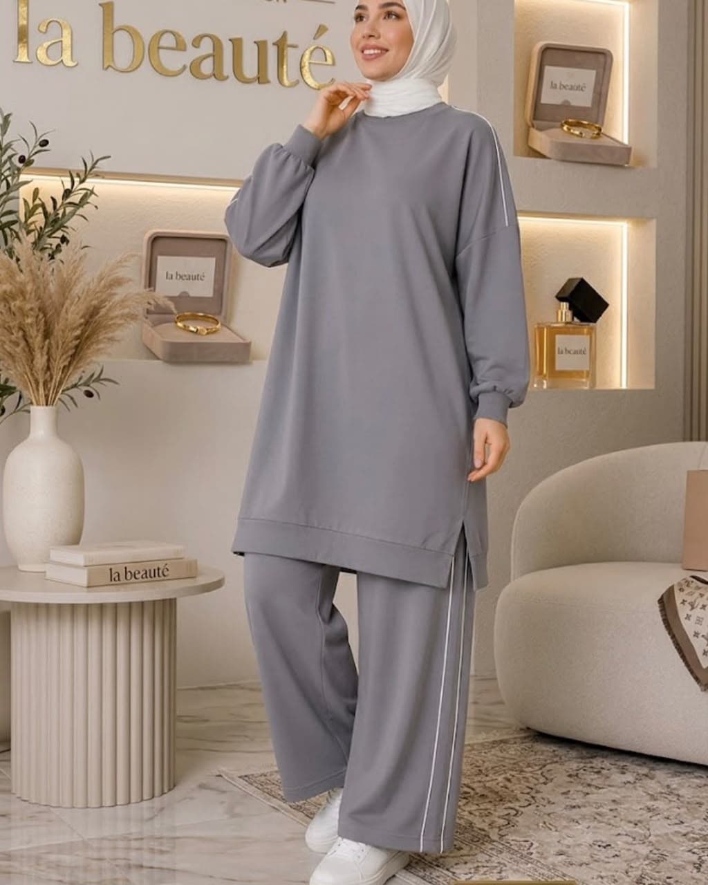 Essentials Tunic & Trouser Set in Stone Grey