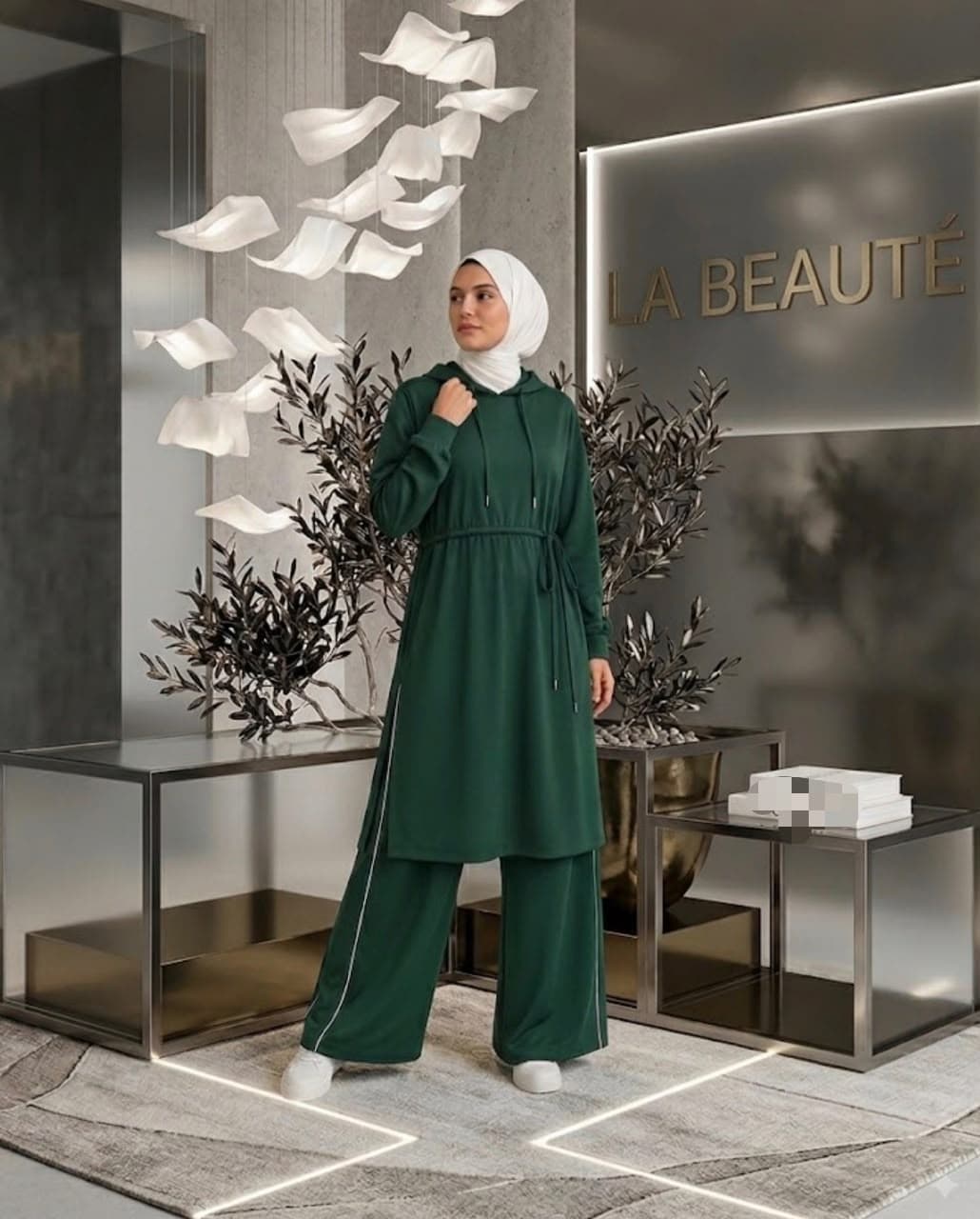 Hooded Tunic & Wide-Leg Set in Emerald