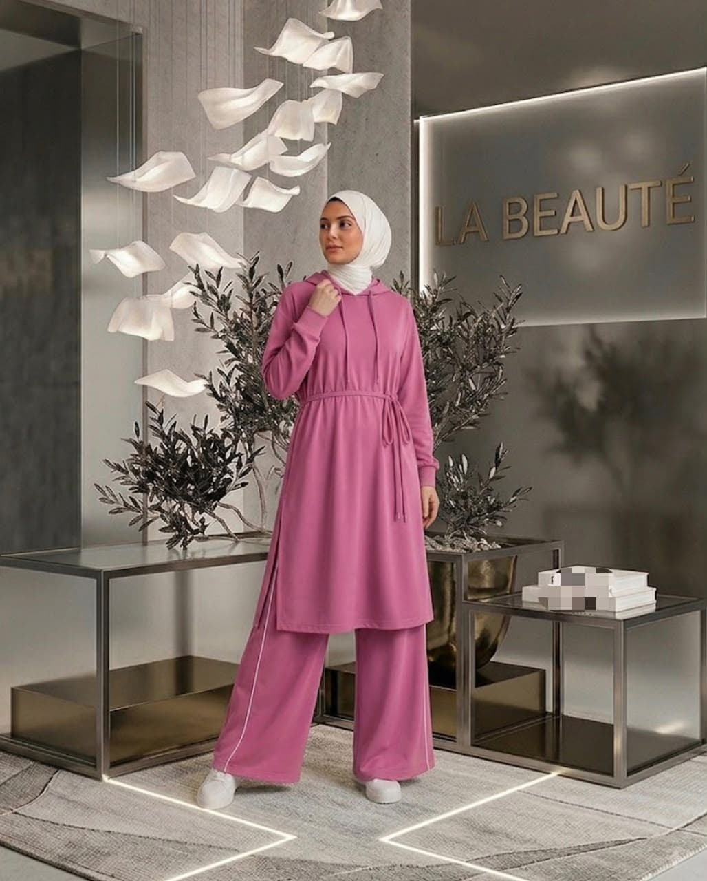 Hooded Tunic & Wide-Leg Set in Rose